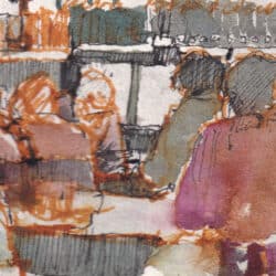 Sketch drawing of people sitting at desks