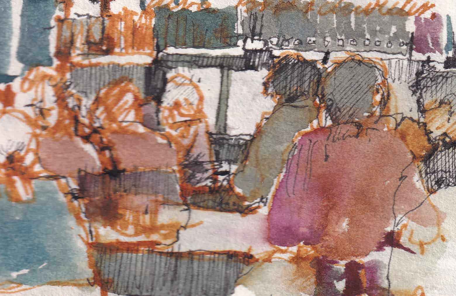 Sketch drawing of people sitting at desks