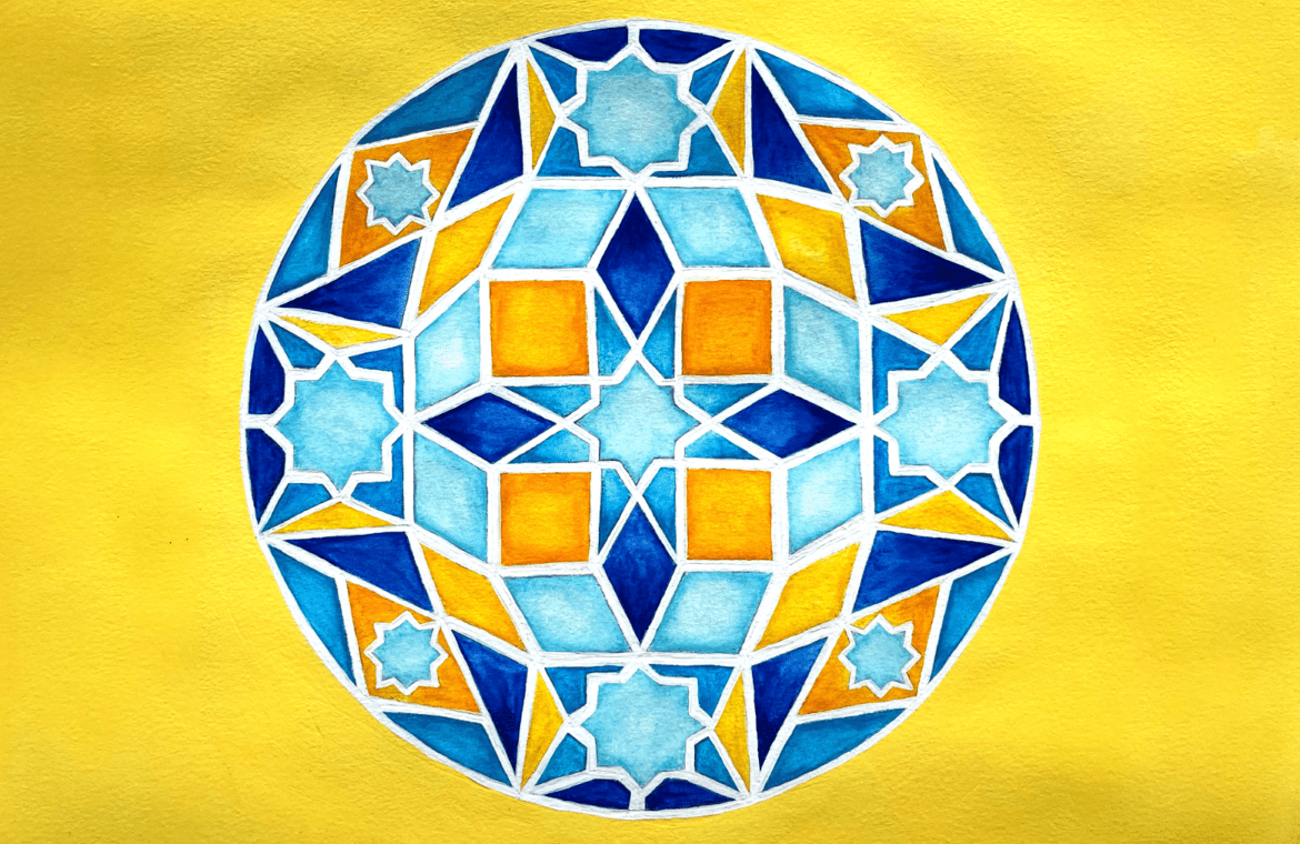 Mandala design in yellows, blues and orange.
