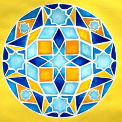Mandala design in yellows, blues and orange.