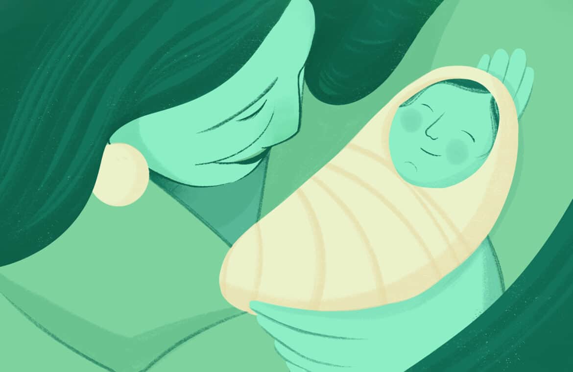Illustration of a person looking down at a swaddled, smiling baby.