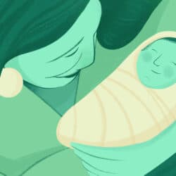 Illustration of a person looking down at a swaddled, smiling baby.