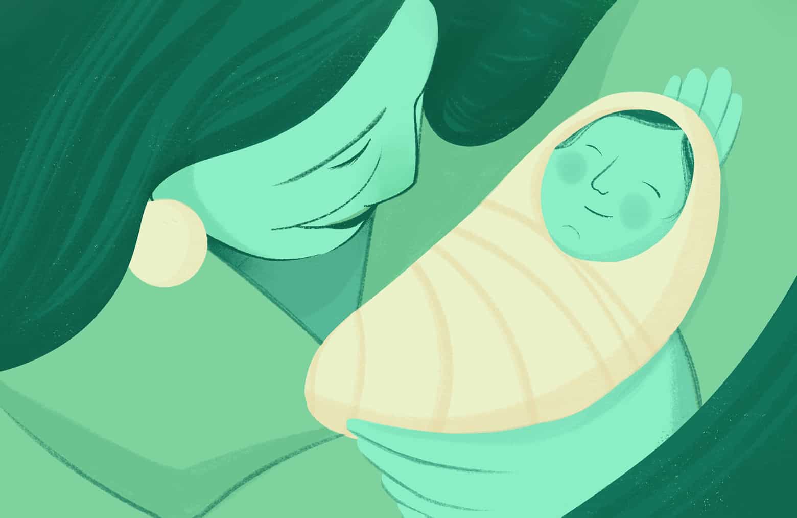 Illustration of a person looking down at a swaddled, smiling baby.