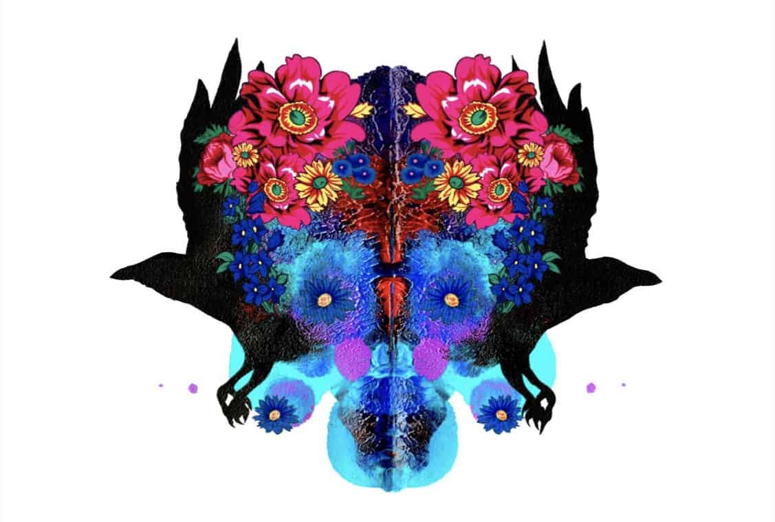 Symmetrical illustration of crows and flowers.