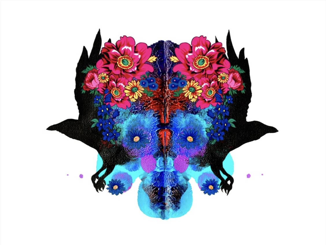 Symmetrical illustration of crows and flowers.