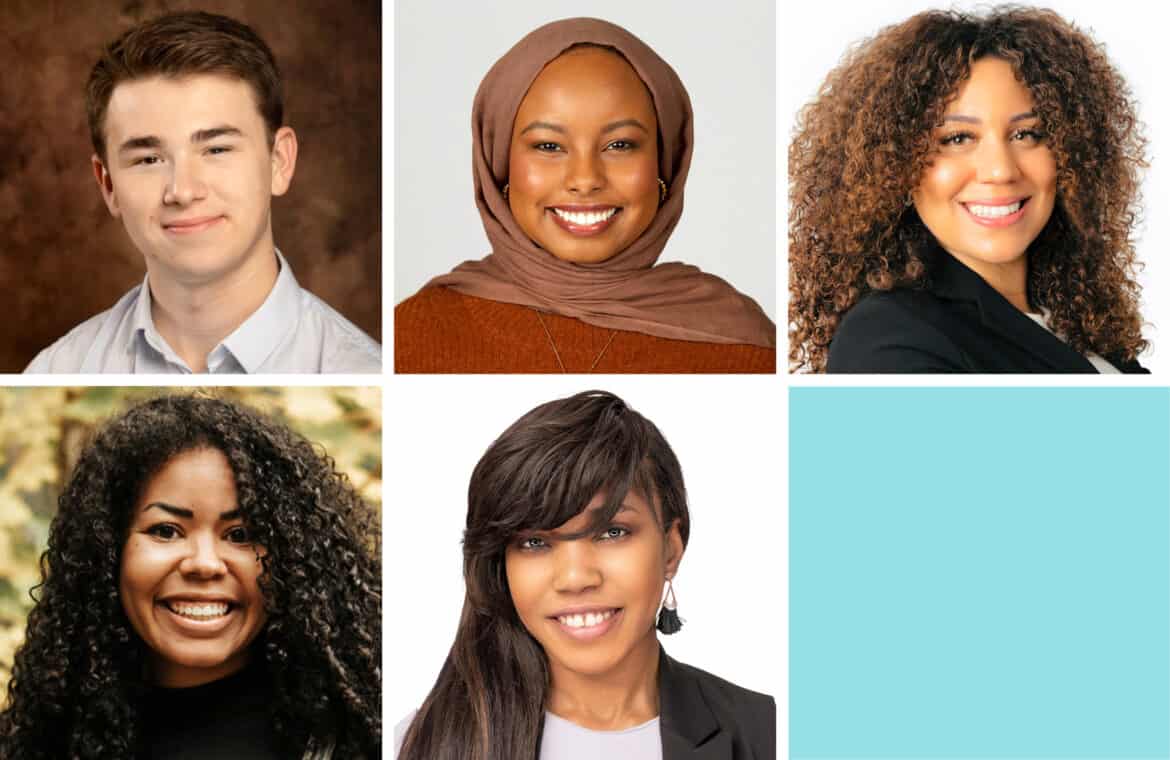 Head shots of the five writing fellows. Left to right top: Aiden Cyr, Amina Mohamed, Kayla Webber. Left to right bottom: Lydia Phillip, Stella Igweamaka