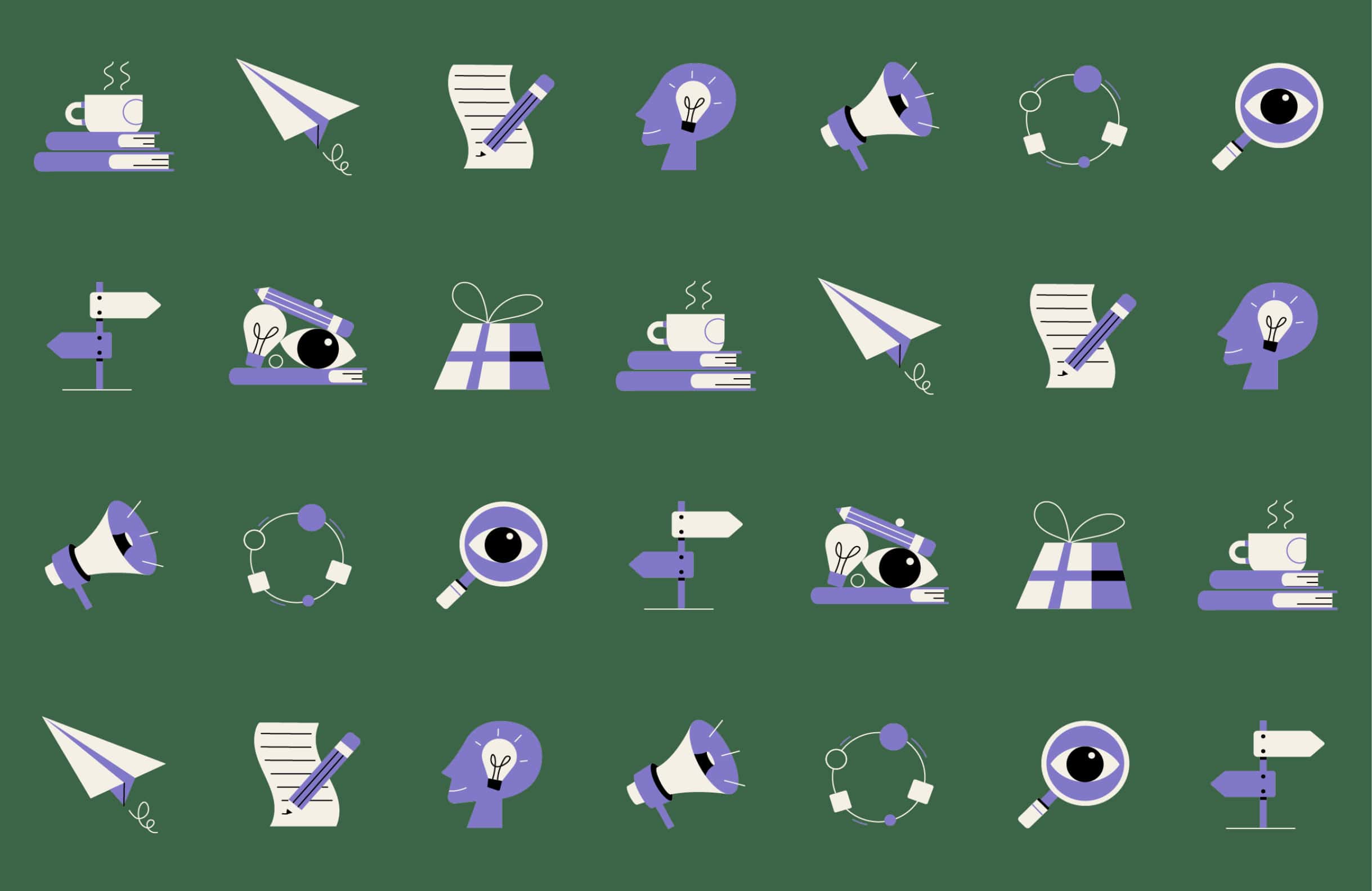 icons of books, pencils, gifts, speaker, lightbulb.