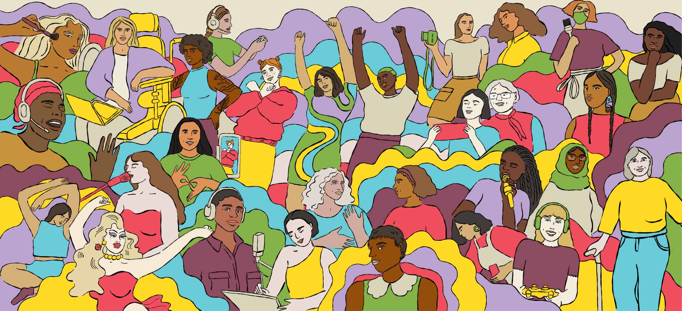 Many people of many identities in a colourful collage.