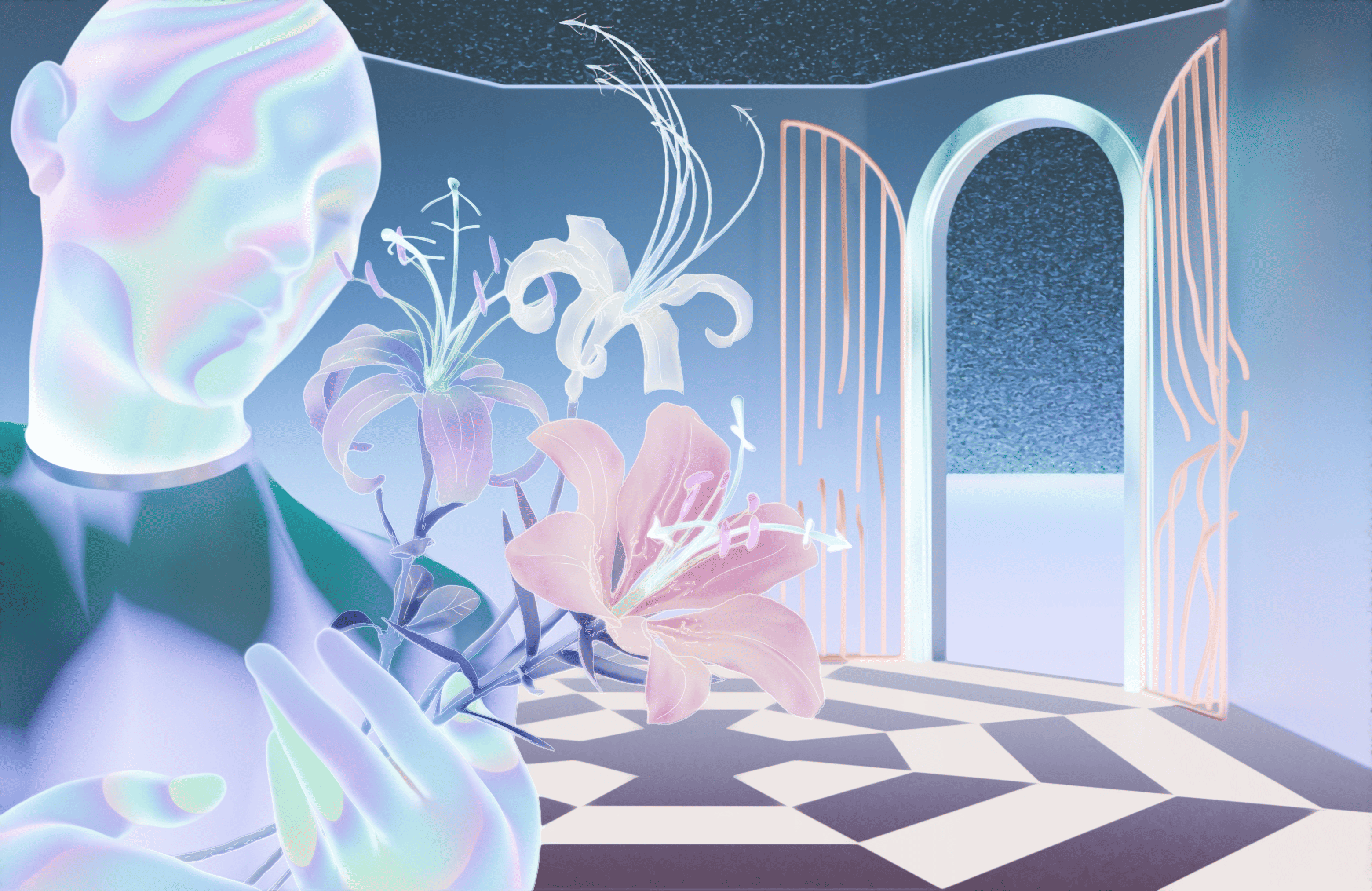 Person holding flowers with a door open