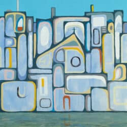 An abstract painting, with a suggestion of urban lanscape and skyline. One building has a cross on top.