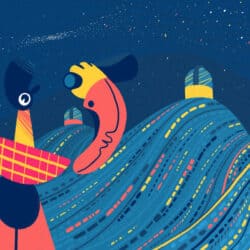 Astronomer character exploring universe space looking through binocular at the moon, stars, sky and Milky Way