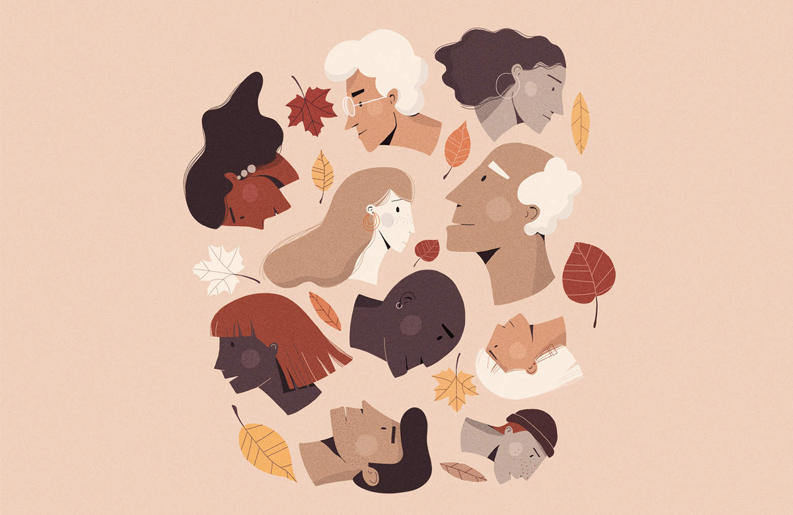 Many different faces arranged in the a circle with leaves