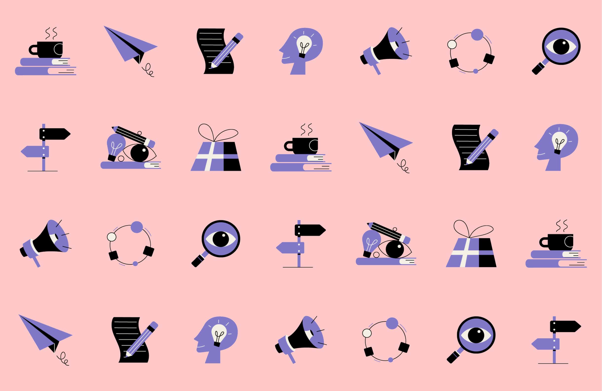 icons of books, pencils, gifts, speaker, lightbulb.