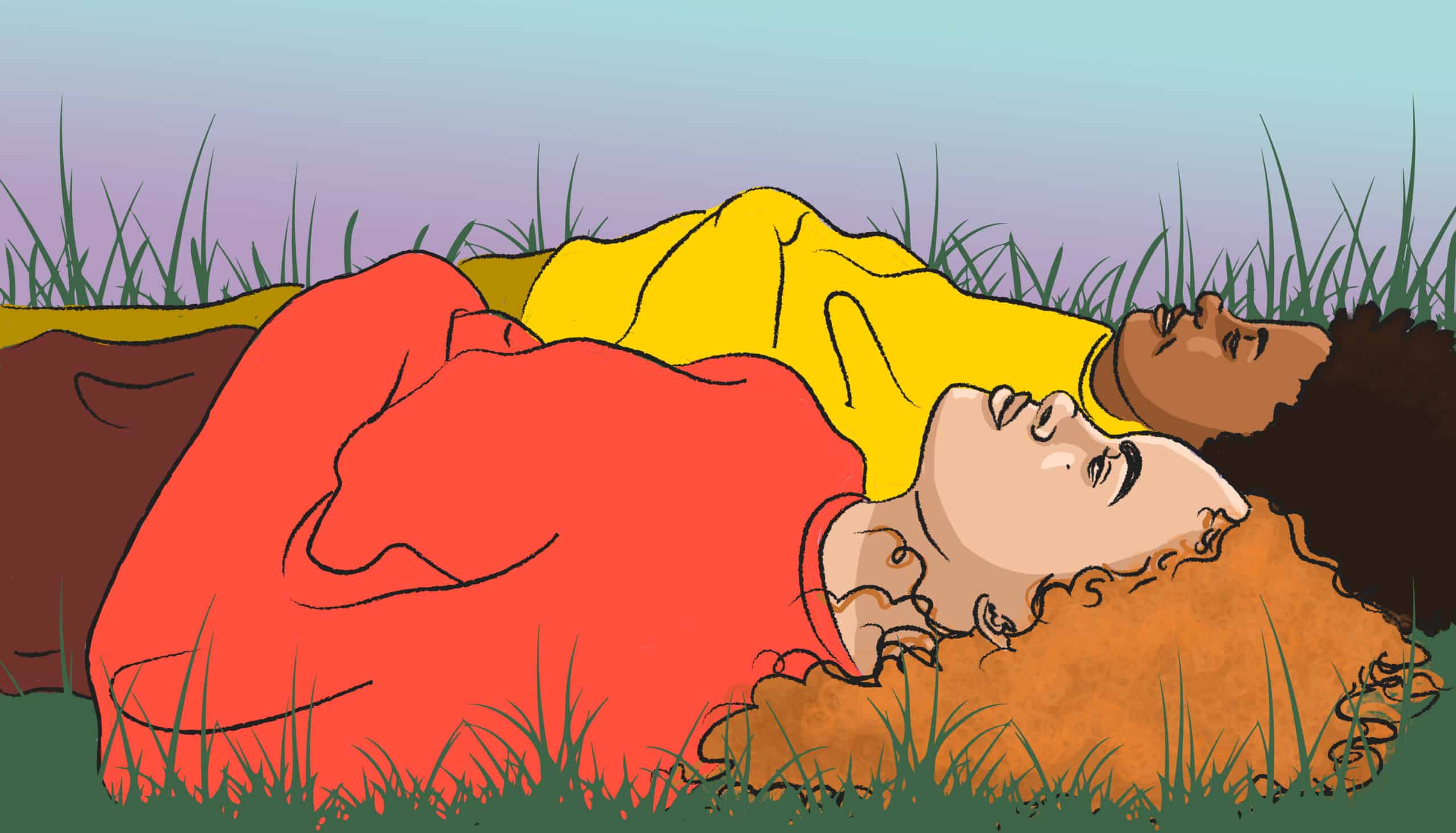 Two people laying in grass, looking up at the sky.