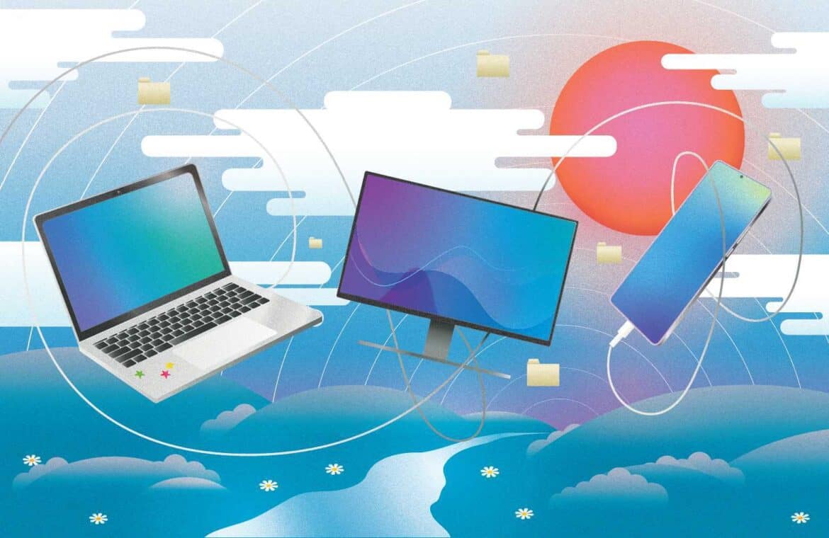 Floating computer, monitor and cell phone with a sun in the background.