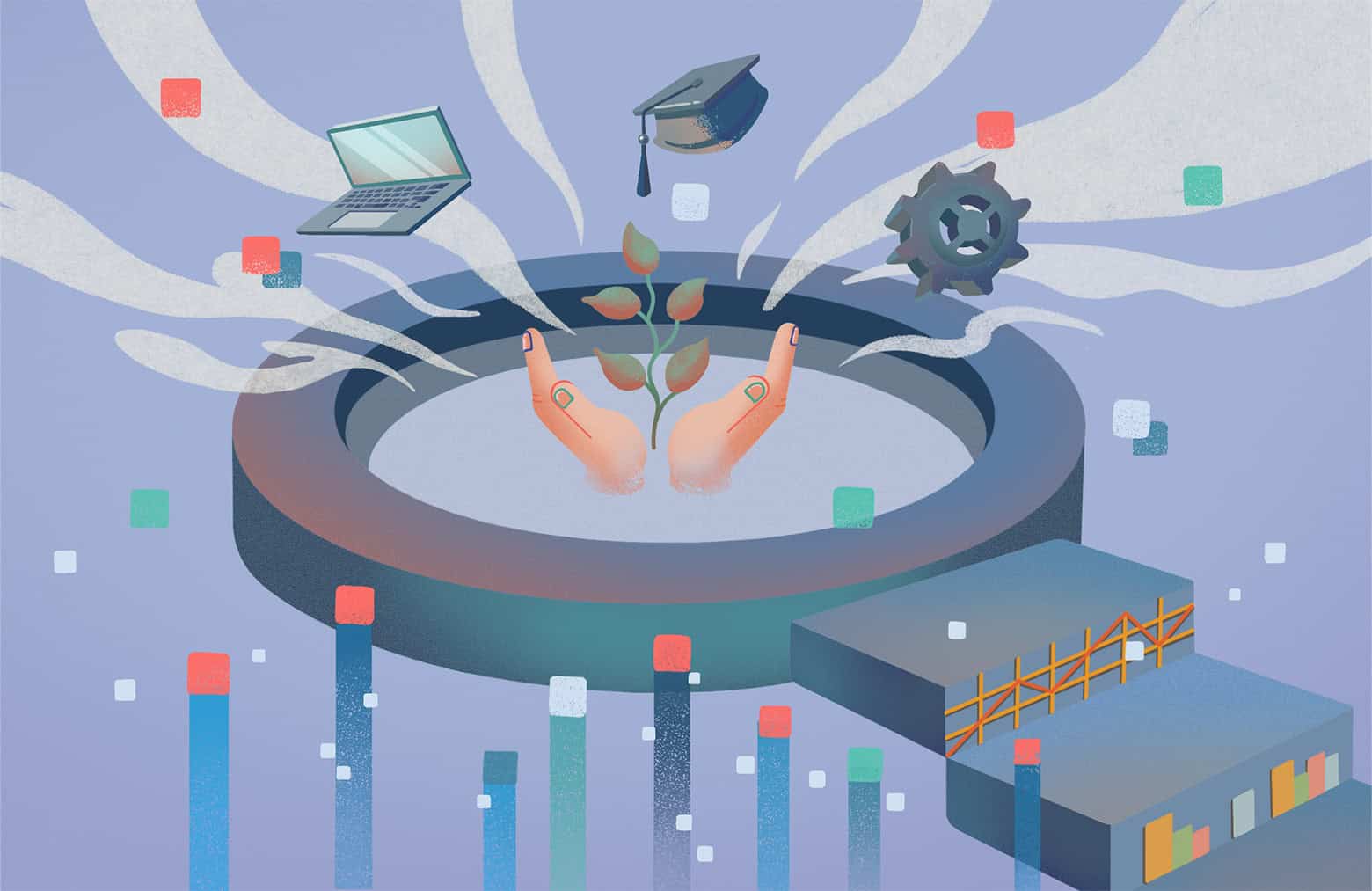 Two hands holding a plant in the centre of a magnifying glass with symbols for data floating around.