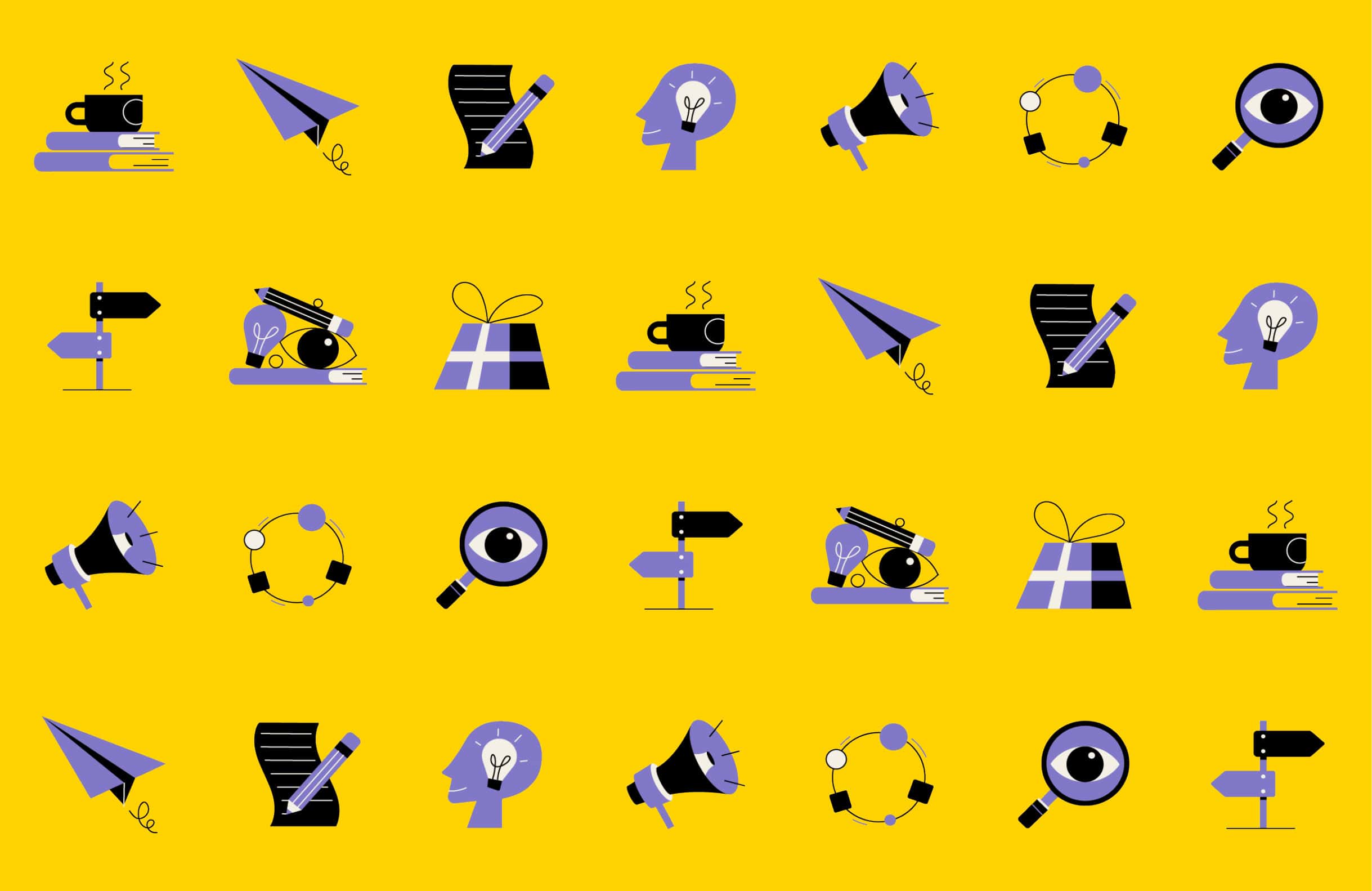 icons of books, pencils, gifts, speaker, lightbulb.