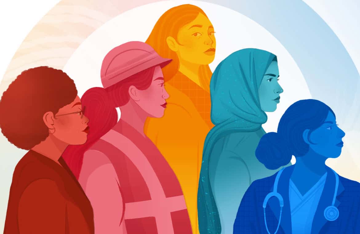Women looking forward. One wearing a stethoscope, another in a hijab, another in a construction helmet and vest.