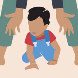 Unrecognizable parent's legs, likely a mom or dad, guiding and supporting a child's first steps in a illustration capturing the early stages of learning to walk. Milestone in a child's life, growth, progress, and the role of parents. Child crawling.