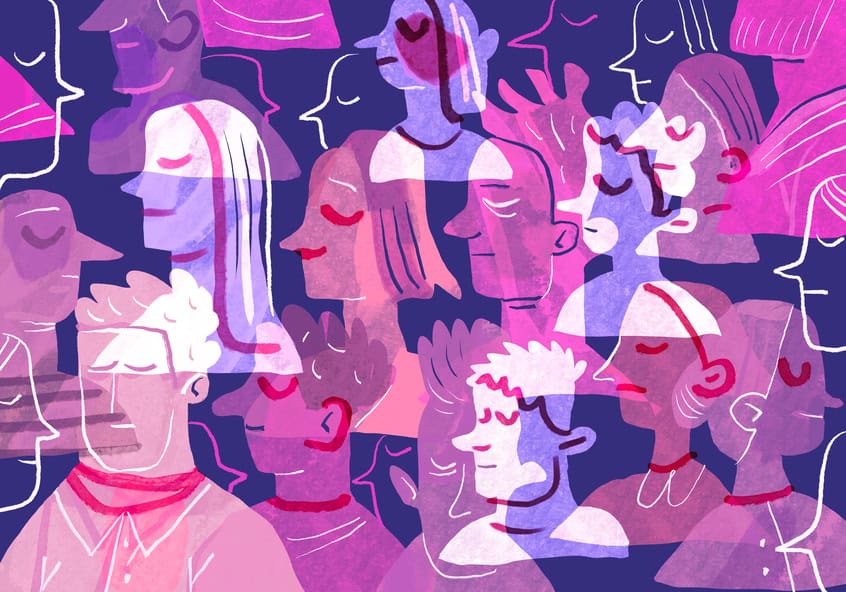 Illustration with a group of head portraits of different ages and genders.
