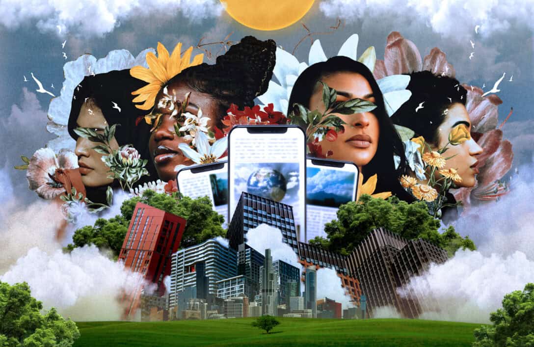 Collage with faces, flowers, buildings and phones.