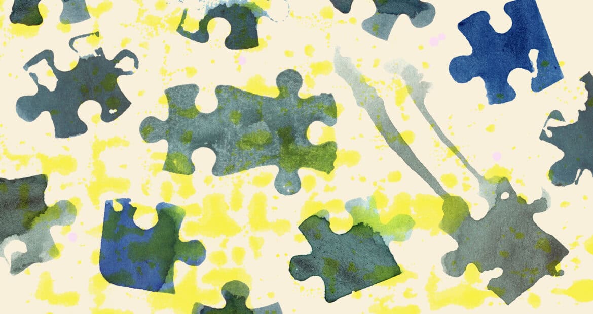 Jigsaw pieces in watercolour. Some together, some apart.