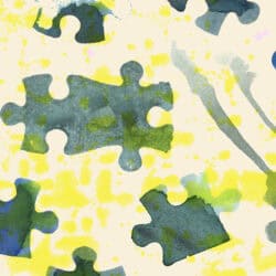 Jigsaw pieces in watercolour. Some together, some apart.