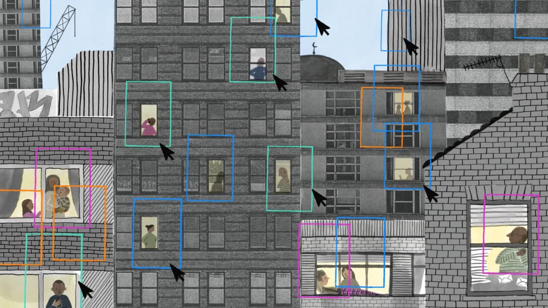 The image shows a variety of people carrying out their daily activities in a city, while various cursors and boxes show how some might be selected over others, or clustered by the data collected about them.