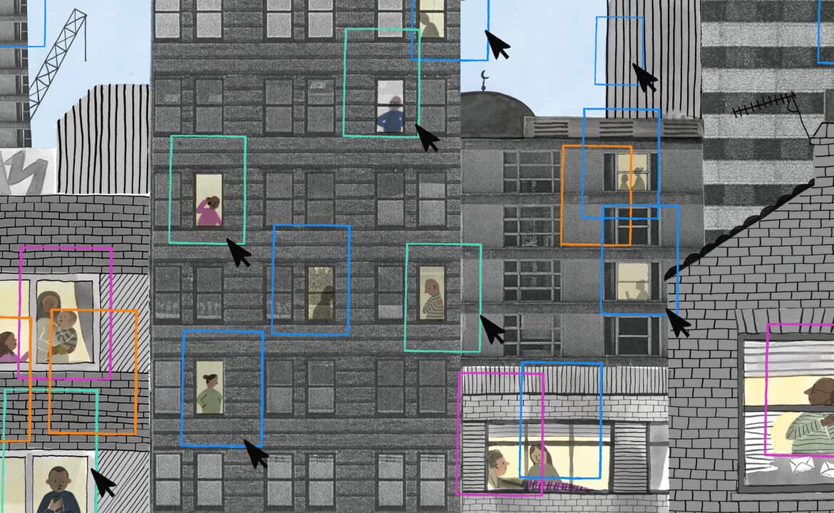 The image shows a variety of people carrying out their daily activities in a city, while various cursors and boxes show how some might be selected over others, or clustered by the data collected about them.