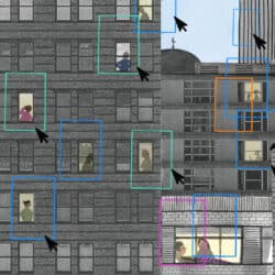 The image shows a variety of people carrying out their daily activities in a city, while various cursors and boxes show how some might be selected over others, or clustered by the data collected about them.