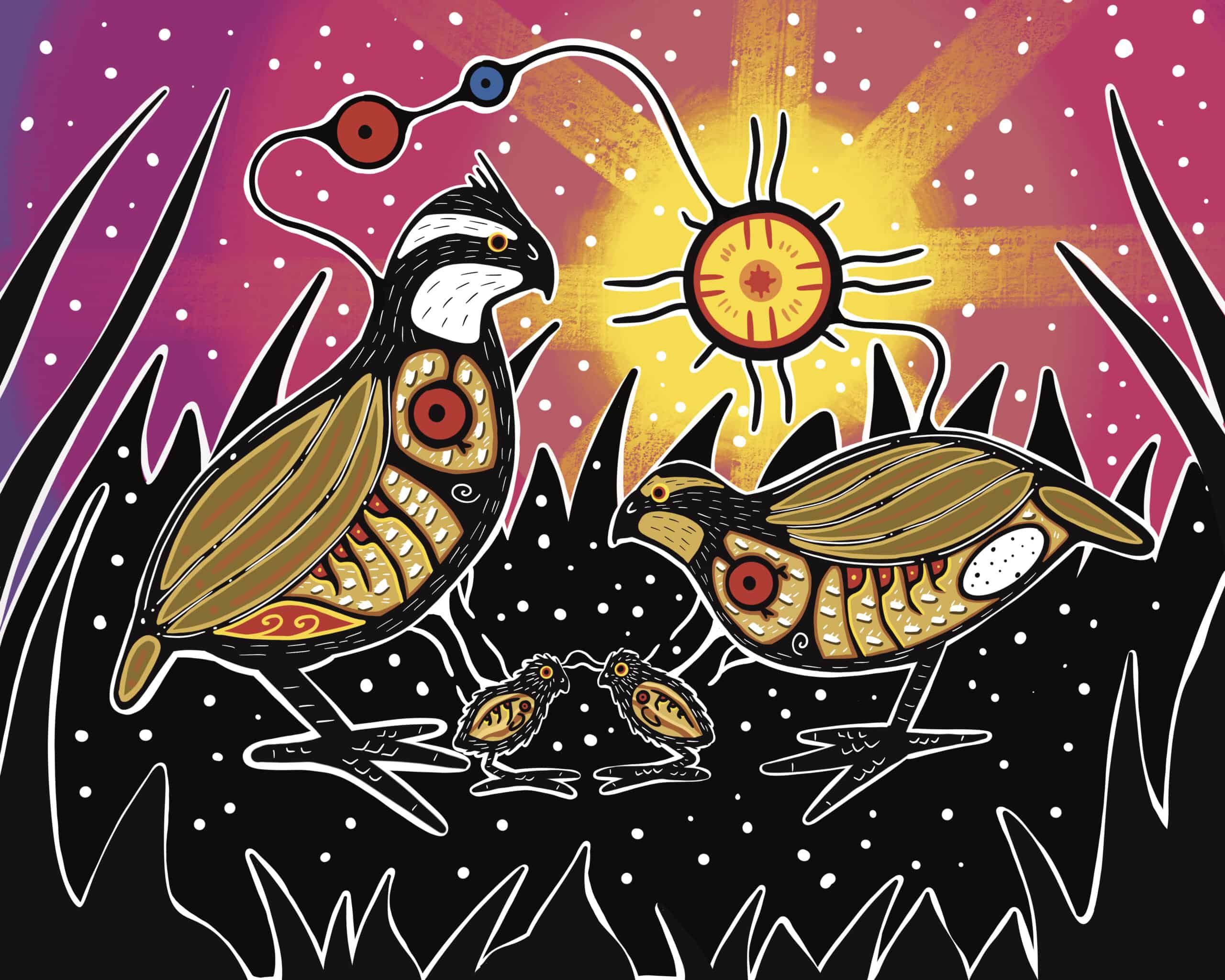 A family of quails in front of a bright sun.