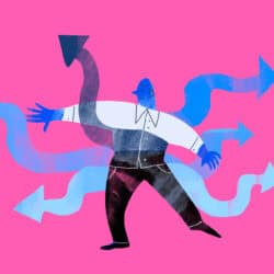 abstract illustration background with figure of men and arrows showing direction of movement, concept art for business showing different options for achieving business goals