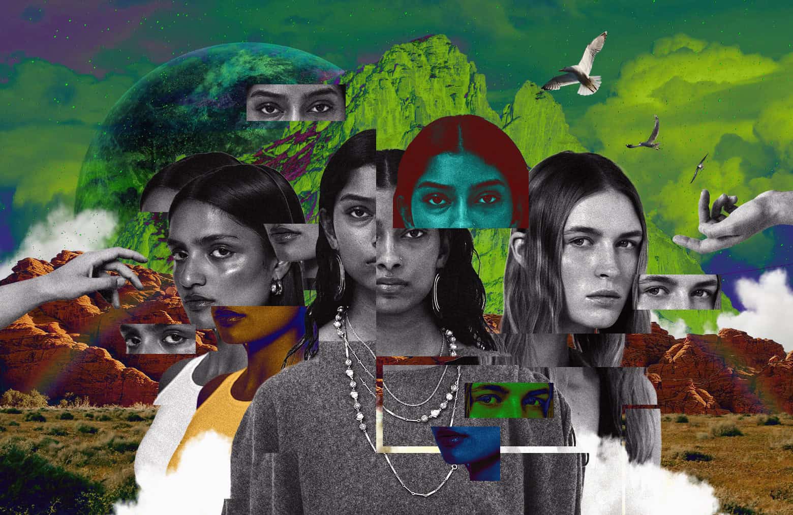 A collage of women's faces with a desert landscape in the background