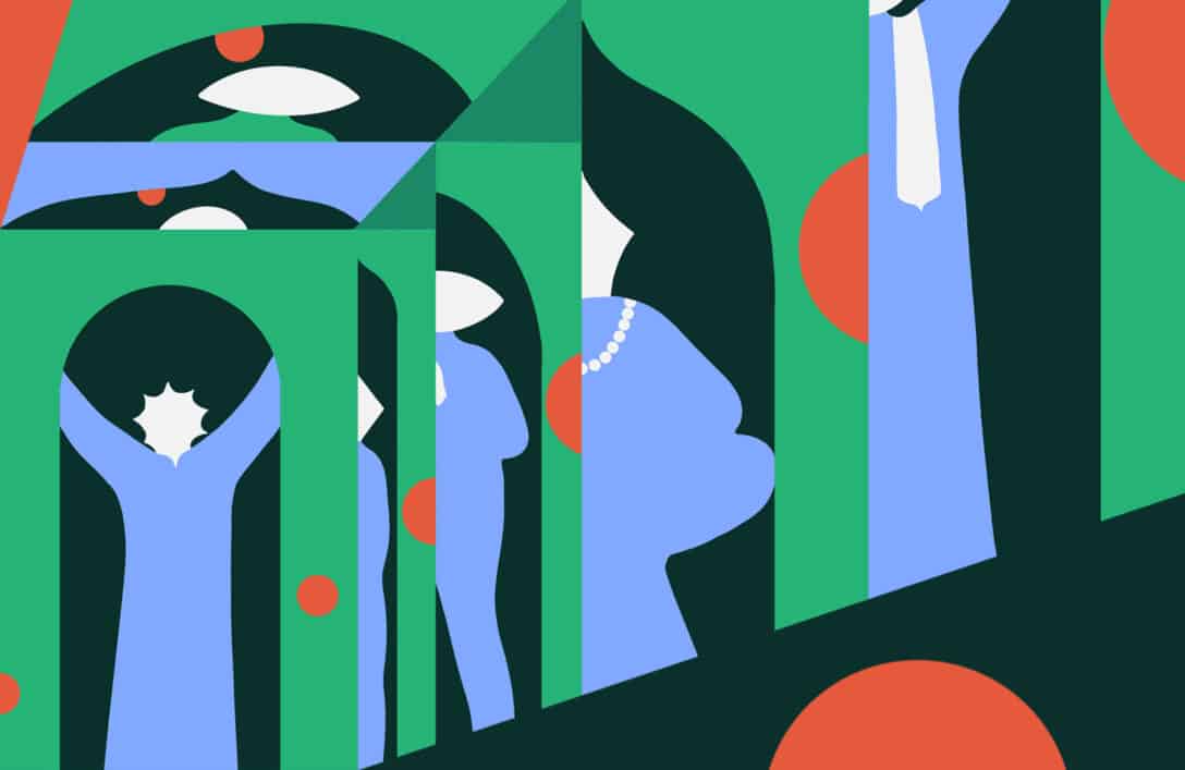 Abstract colourful image of a person in a door way with larger people and doorways behind.