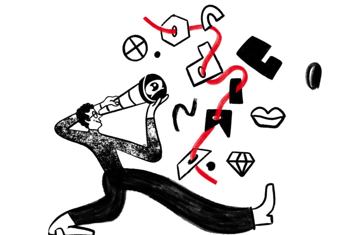 Man using a telescope to search for creative ideas connected with red cord lines.