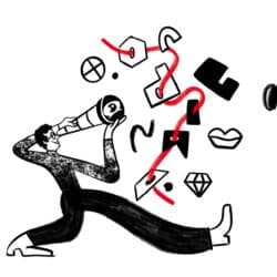 Man using a telescope to search for creative ideas connected with red cord lines.