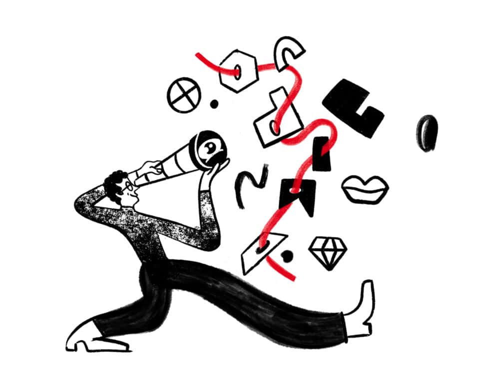 Man using a telescope to search for creative ideas connected with red cord lines.