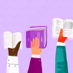 Diverse hands hold open and closed books aloft.