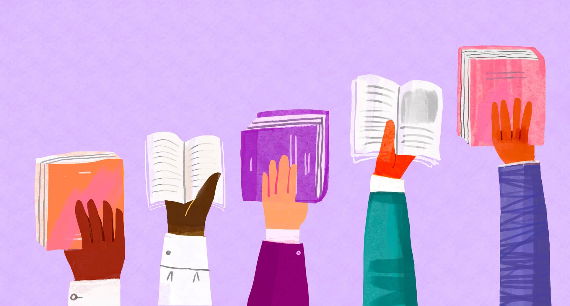 Diverse hands hold open and closed books aloft.