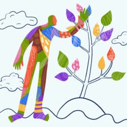 A vibrant, patterned abstract figure spreads life by planting a tree with colourful leaves under a sky with clouds.
