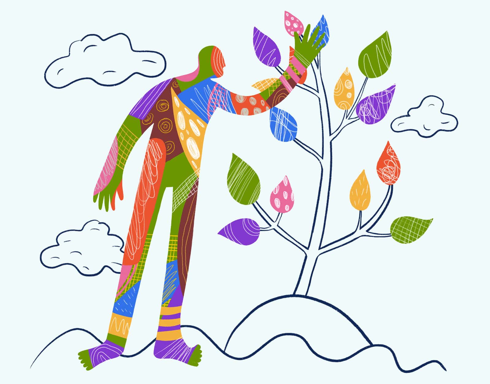 A vibrant, patterned abstract figure spreads life by planting a tree with colourful leaves under a sky with clouds.