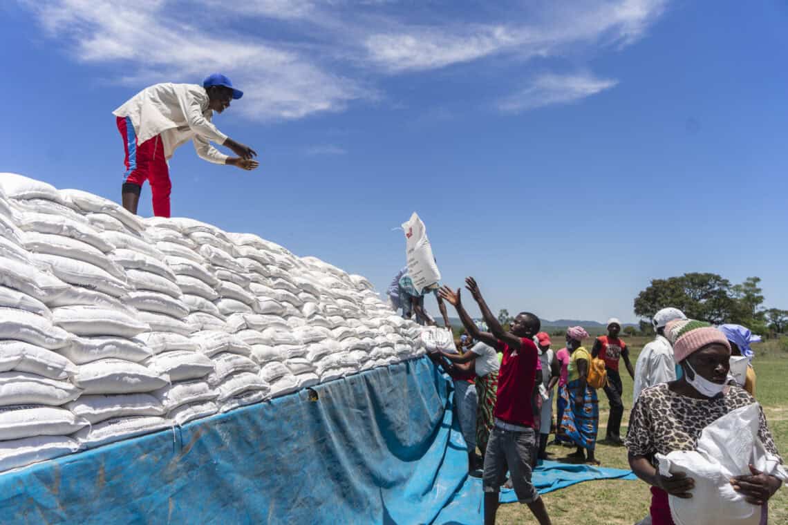 A person tosses a white sack up to another person who is standing on a truck bed with many sacks.
