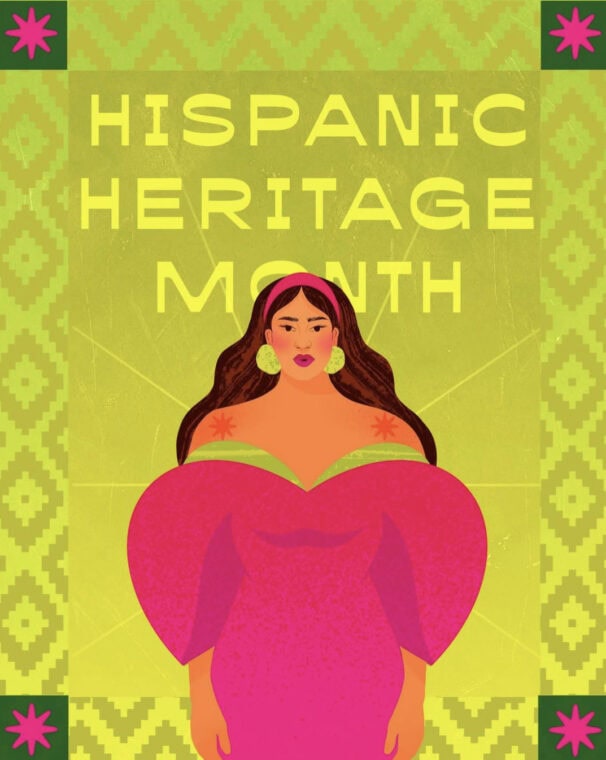 Image of a woman in a pink dress with the words "Hispanic Heritage Month"