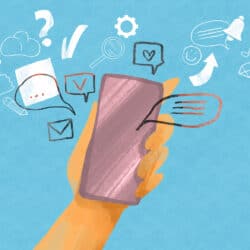 Hand holds telephone from which various social media infographics are crawling out, concept illustration about owl Ren way of communication online social media, communication