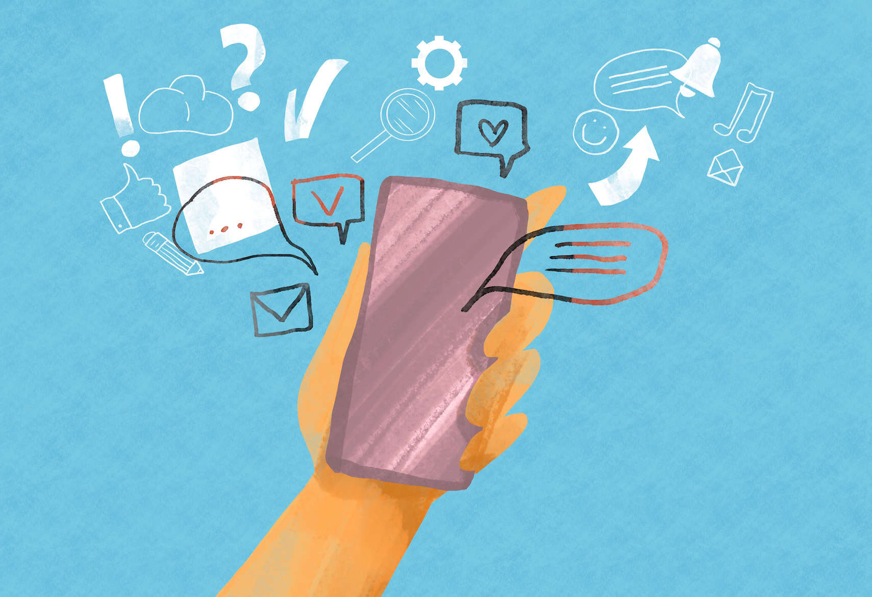 Hand holds telephone from which various social media infographics are crawling out, concept illustration about owl Ren way of communication online social media, communication