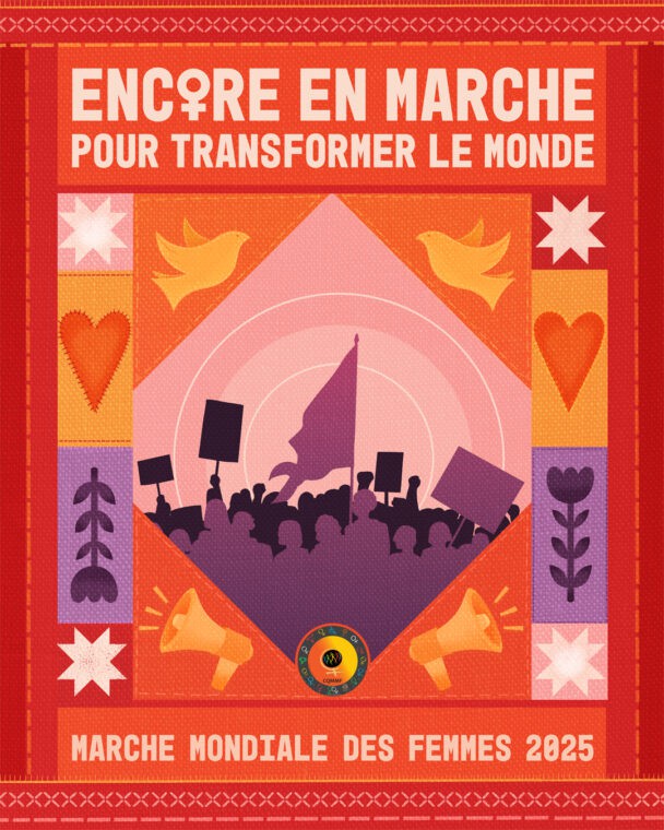 Silouette of people marching with text: "Encore en marche pour transformer le monde" and "Marche mondiale des femmes 2025"