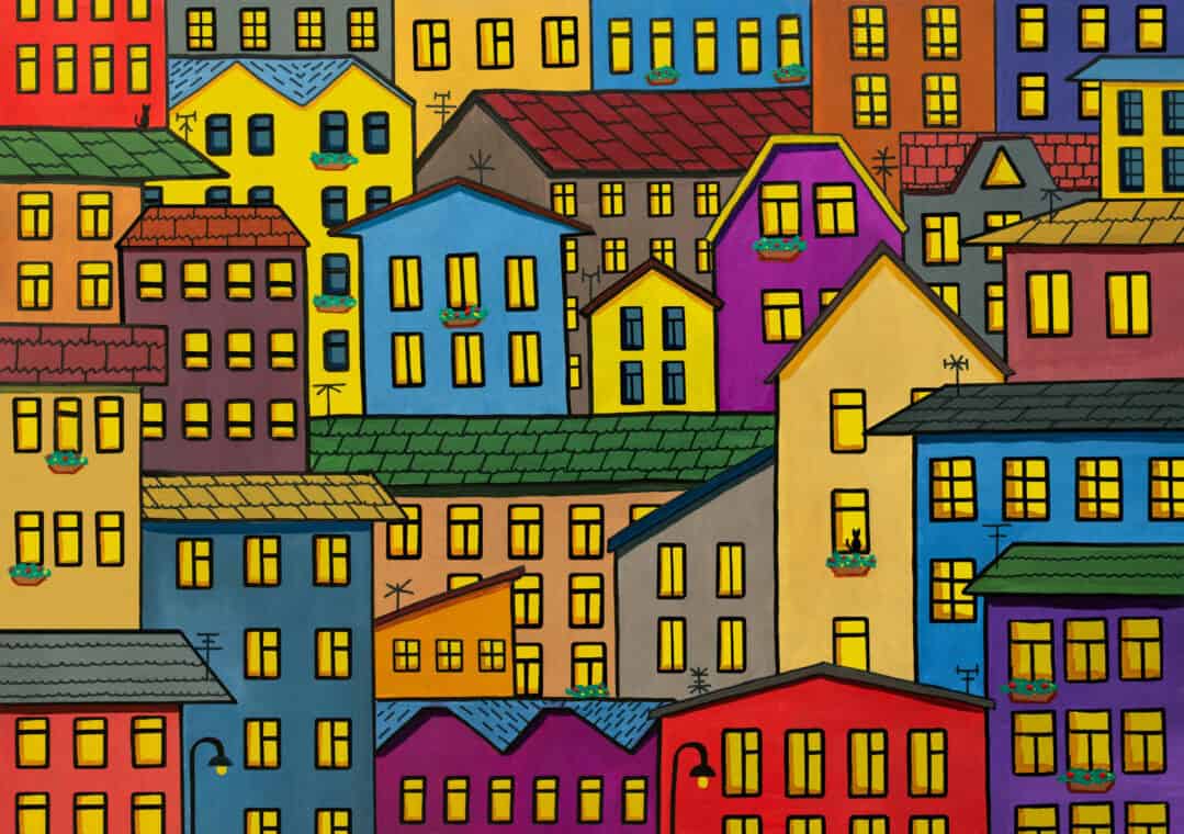 A graphic image of a cityscape with colourful houses pattern