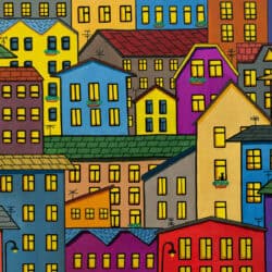 A graphic image of a cityscape with colourful houses pattern