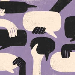 Concept illustration with multiracial hands holding thought and speech bubbles.