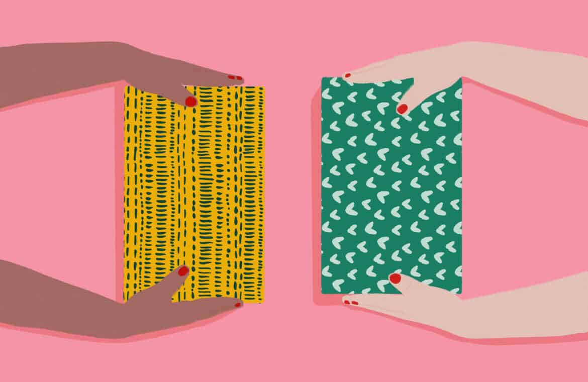 Women's hands present wrapped gifts to each other.